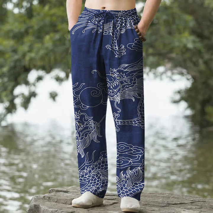 Buddha Stones Spodnie męskie zwężane z bawełny w orientalny wzór smoka i chmur z kieszeniami - Marynarka wojenna - US/UK/AU50, EU60 (5XL) - image 6