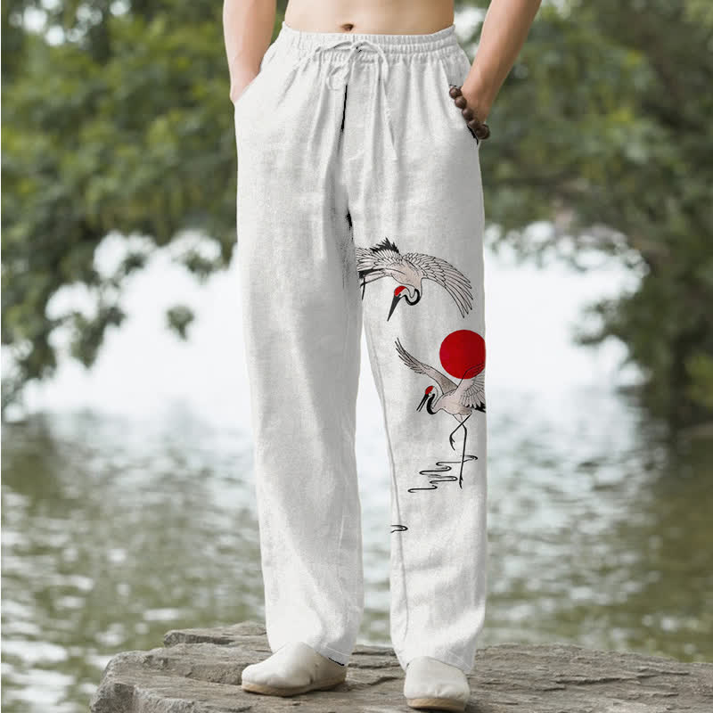 Buddha Stones Spodnie męskie zwężane z bawełny w kolorze czerwonym z wzorem żurawia słonecznego i kieszeniami - Bielizna - US/UK/AU50, EU60 (5XL) - image 0