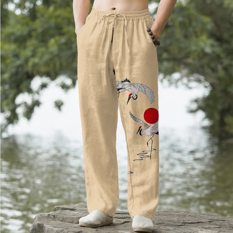 Buddha Stones Spodnie męskie zwężane z bawełny w kolorze czerwonym z wzorem żurawia słonecznego i kieszeniami - Pszenica - US/UK/AU50, EU60 (5XL) - image 4