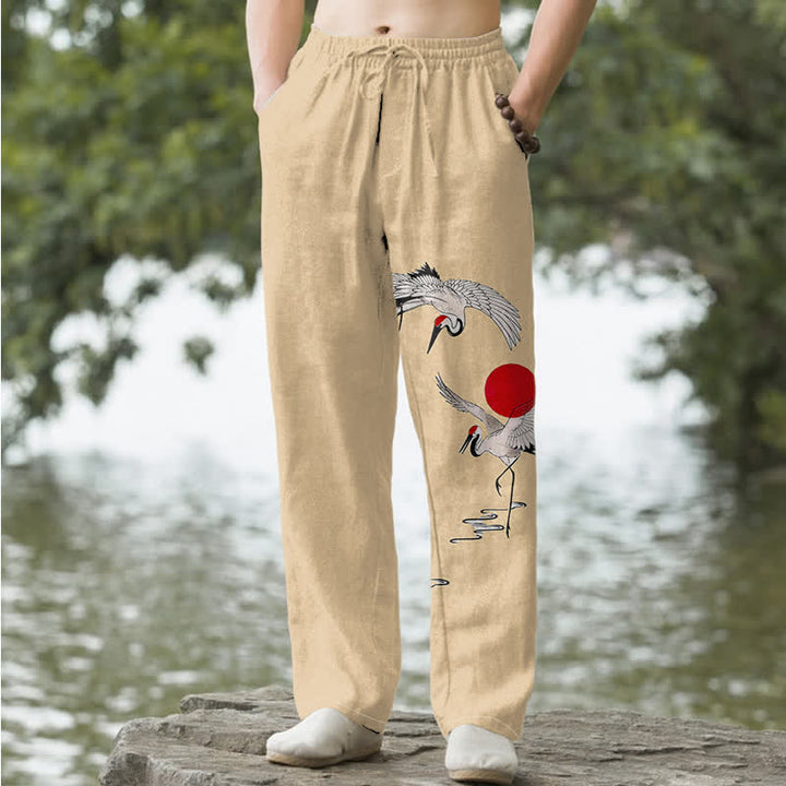 Buddha Stones Spodnie męskie zwężane z bawełny w kolorze czerwonym z wzorem żurawia słonecznego i kieszeniami - Pszenica - US/UK/AU50, EU60 (5XL) - image 4