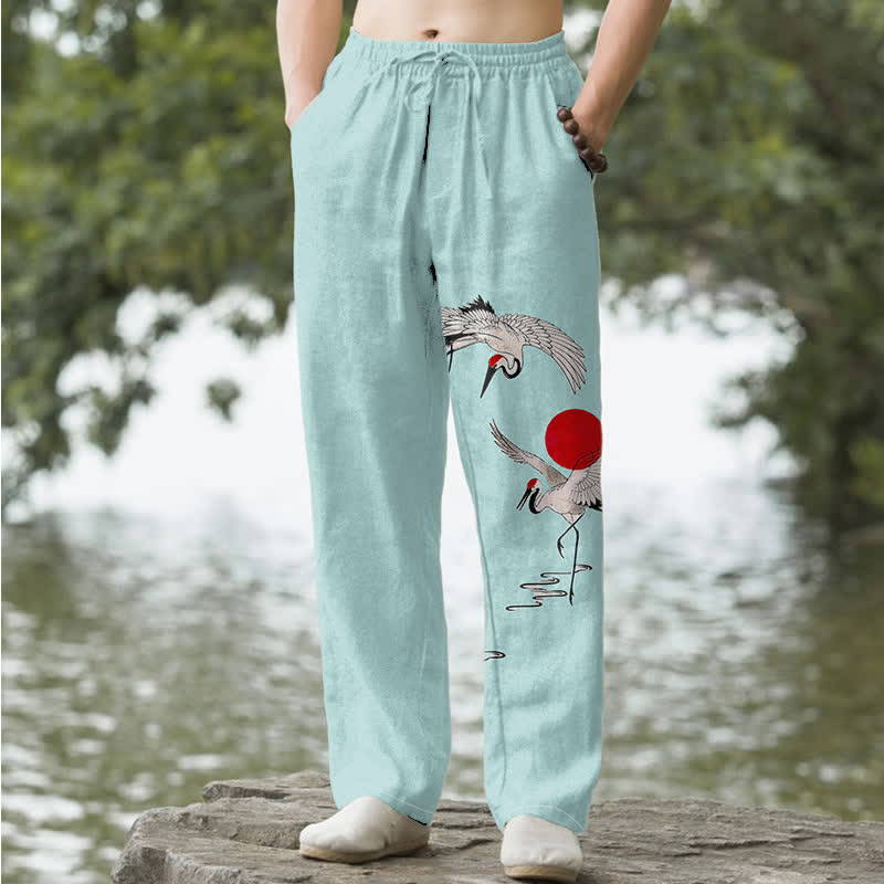 Buddha Stones Spodnie męskie zwężane z bawełny w kolorze czerwonym z wzorem żurawia słonecznego i kieszeniami - PaleTurquoise - US/UK/AU50, EU60 (5XL) - image 6