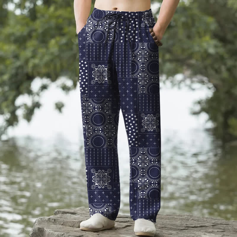 Buddha Stones Spodnie męskie zwężane z kieszeniami, bawełniane, w stylu boho, z bandaną - Marynarka wojenna - US/UK/AU50, EU60 (5XL) - image 0