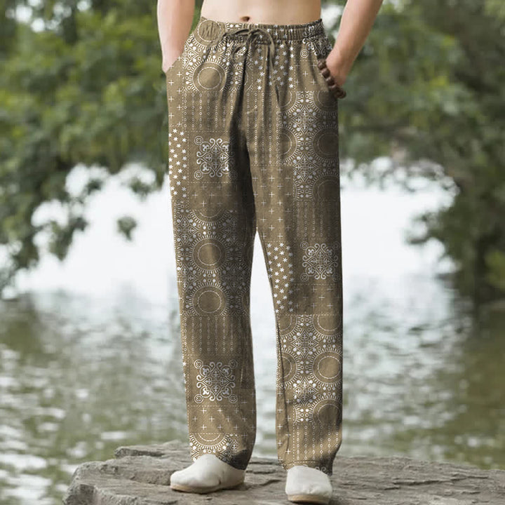 Buddha Stones Spodnie męskie zwężane z kieszeniami, bawełniane, w stylu boho, z bandaną - Ciemny Khaki - US/UK/AU50, EU60 (5XL) - image 4