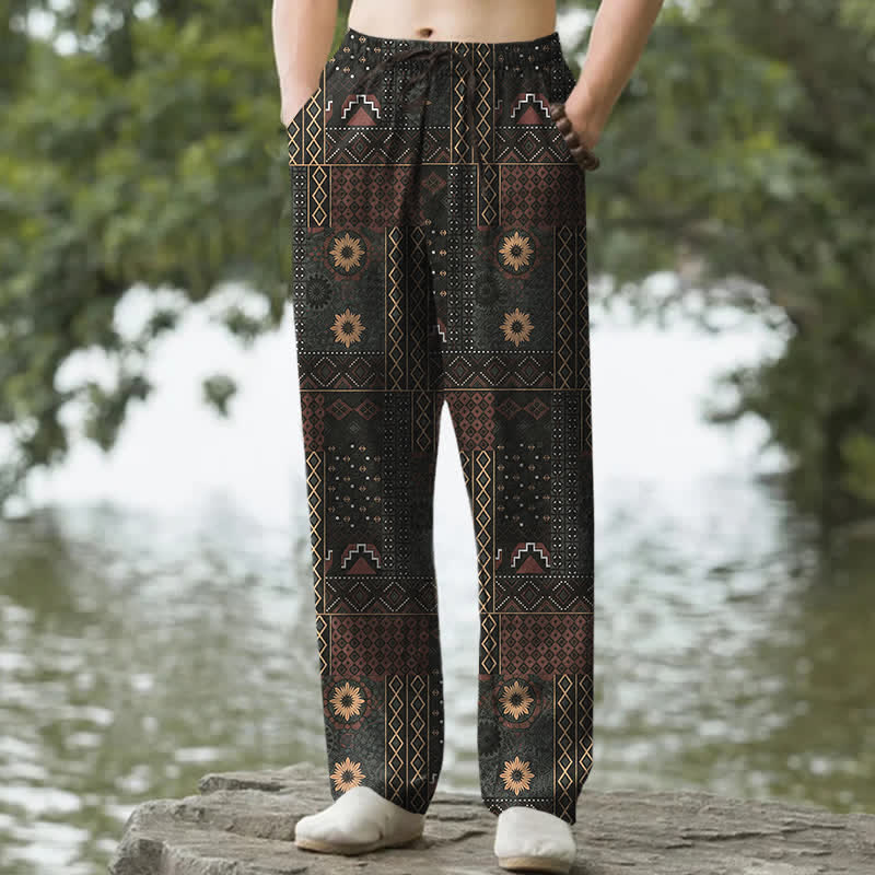Buddha Stones Spodnie męskie zwężane z bawełny w stylu boho z geometrycznym wzorem kwiatowym i kieszeniami - SaddleBrown - US/UK/AU50, EU60 (5XL) - image 0