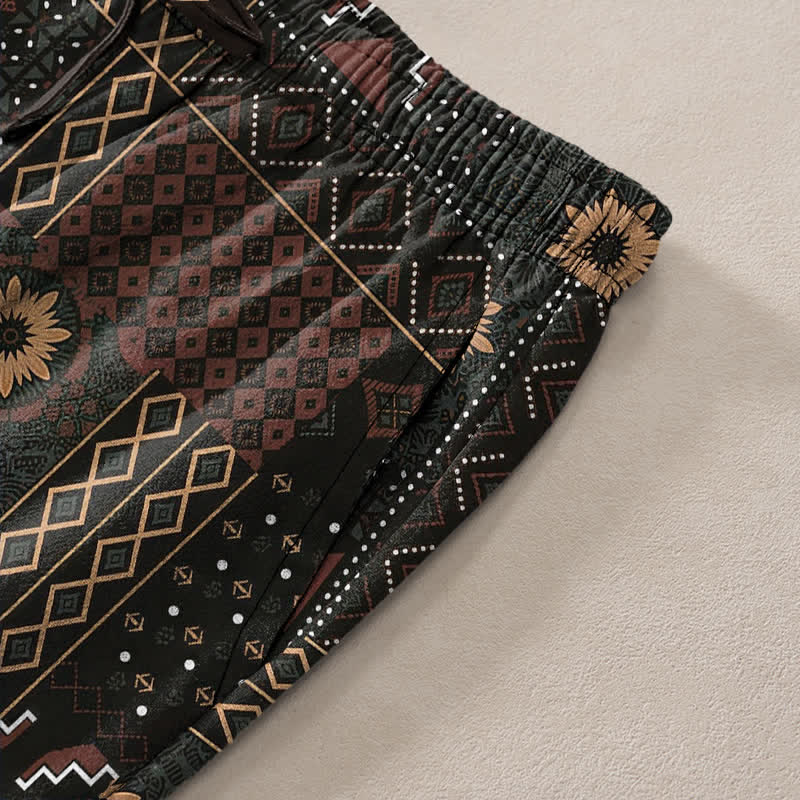 Buddha Stones Spodnie męskie zwężane z bawełny w stylu boho z geometrycznym wzorem kwiatowym i kieszeniami - image 2