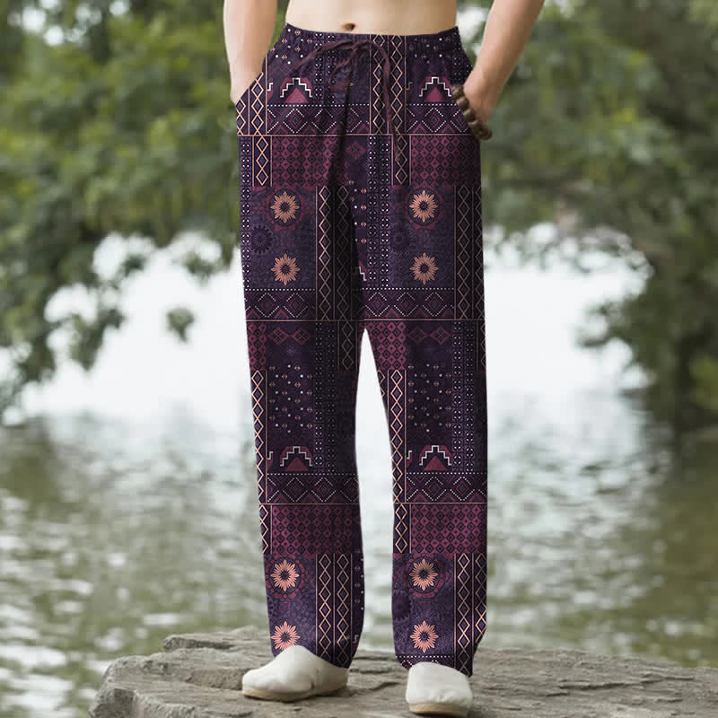 Buddha Stones Spodnie męskie zwężane z bawełny w stylu boho z geometrycznym wzorem kwiatowym i kieszeniami - Ciemna Magenta - US/UK/AU50, EU60 (5XL) - image 6