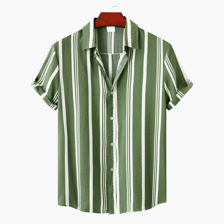 Buddha Stones Letnie, swobodne, klasyczne koszule męskie z krótkim rękawem, zapinane na guziki, w pionowe paski - DarkSeaGreen - US/UK/AU42, EU52 (3XL) - image 0