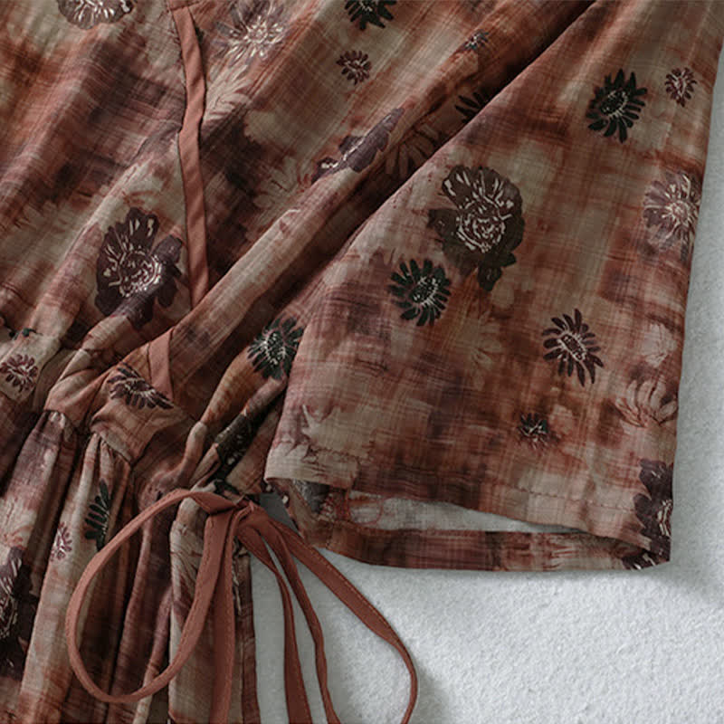 Buddha Stones Letnia sukienka damska w stylu vintage z krótkim rękawem i kieszenią, ze ściągaczem i kwiatowym wzorem - image 14