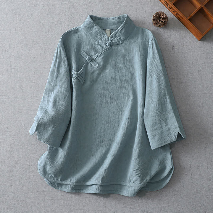 Buddha Stones Letnie koszule damskie w stylu Tang, swobodne, z kołnierzykiem stójkowym i rękawami do łokcia - LightSteelBlue - US12, UK/AU16, EU44 (3XL) - image 0