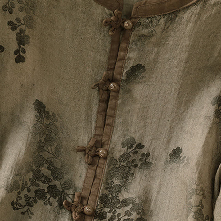 Buddha Stones Letnie koszule damskie z krótkim rękawem w stylu vintage Tang z kołnierzykiem mandaryńskim i kwiatowymi liśćmi - image 5