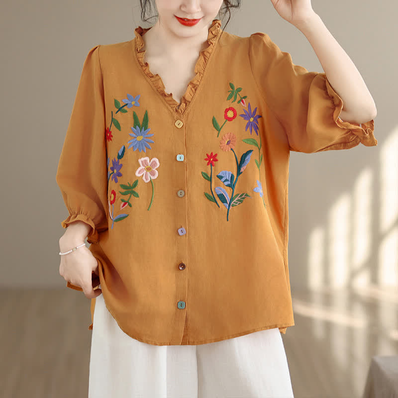 Buddha Stones Letnie, swobodne, vintage'owe, haftowane, kolorowe, kwiatowe koszule damskie z falbanką i dekoltem w serek, z rękawem 3/4 - DarkGoldenrod - US8-10, UK/AU12-14, EU40-42 (2XL) - image 0