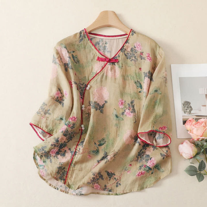 Buddha Stones Letnie koszule damskie w stylu Tang w stylu vintage z kołnierzykiem stójkowym i różowymi kwiatami i rękawami do łokci - Ciemny Khaki - US12, UK/AU16, EU44 (2XL) - image 0