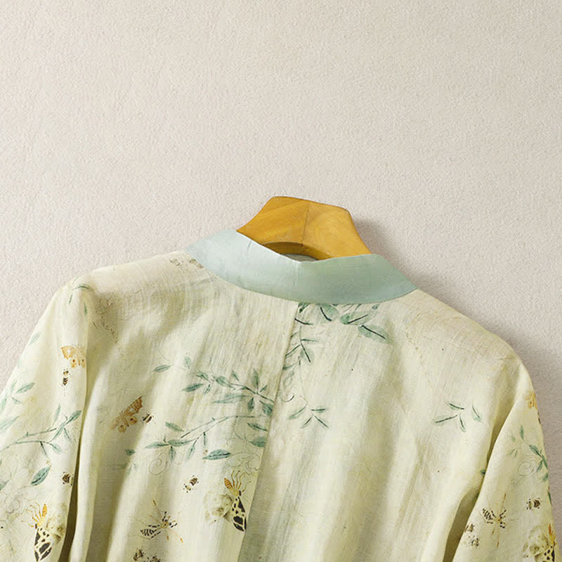 Buddha Stones Letnie, swobodne, vintage'owe kimono damskie ze ściągaczem, dekoltem w serek, kontrastowym kwiatowym wykończeniem i rękawami 3/4 - image 4