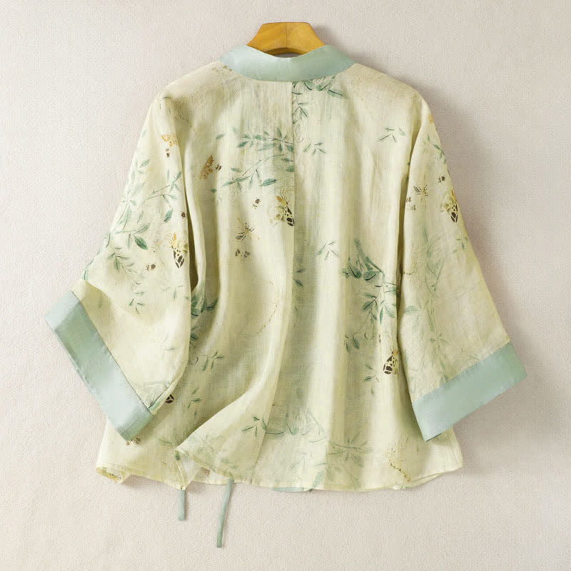 Buddha Stones Letnie, swobodne, vintage'owe kimono damskie ze ściągaczem, dekoltem w serek, kontrastowym kwiatowym wykończeniem i rękawami 3/4 - image 1