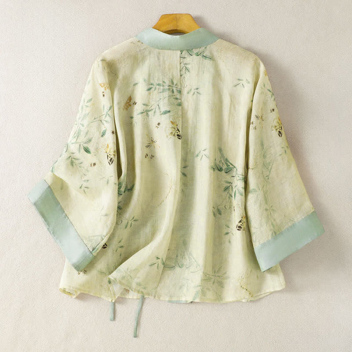 Buddha Stones Letnie, swobodne, vintage'owe kimono damskie ze ściągaczem, dekoltem w serek, kontrastowym kwiatowym wykończeniem i rękawami 3/4 - image 1