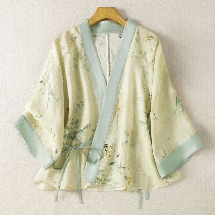 Buddha Stones Letnie, swobodne, vintage'owe kimono damskie ze ściągaczem, dekoltem w serek, kontrastowym kwiatowym wykończeniem i rękawami 3/4 - Beżowy - US8-10, UK/AU12-14, EU40-42 (2XL) - image 0
