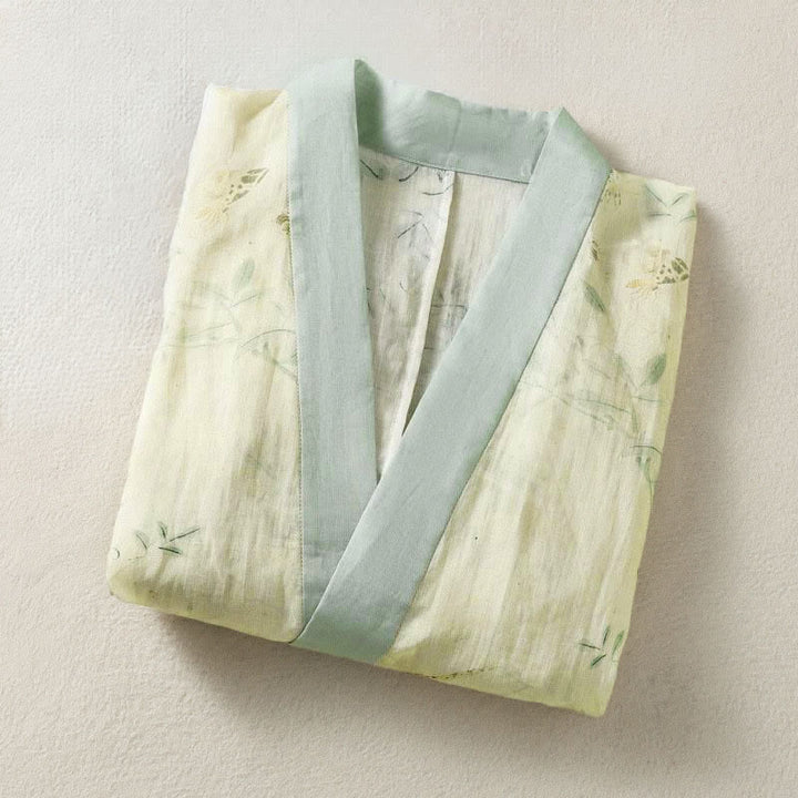 Buddha Stones Letnie, swobodne, vintage'owe kimono damskie ze ściągaczem, dekoltem w serek, kontrastowym kwiatowym wykończeniem i rękawami 3/4 - image 2