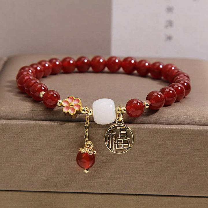 Buddha Stones Bransoletka z czerwonego agatu z kwiatem pewności siebie i szczęścia - Postać Fu (Szczęście ♥ Błogosławieństwo) - image 0