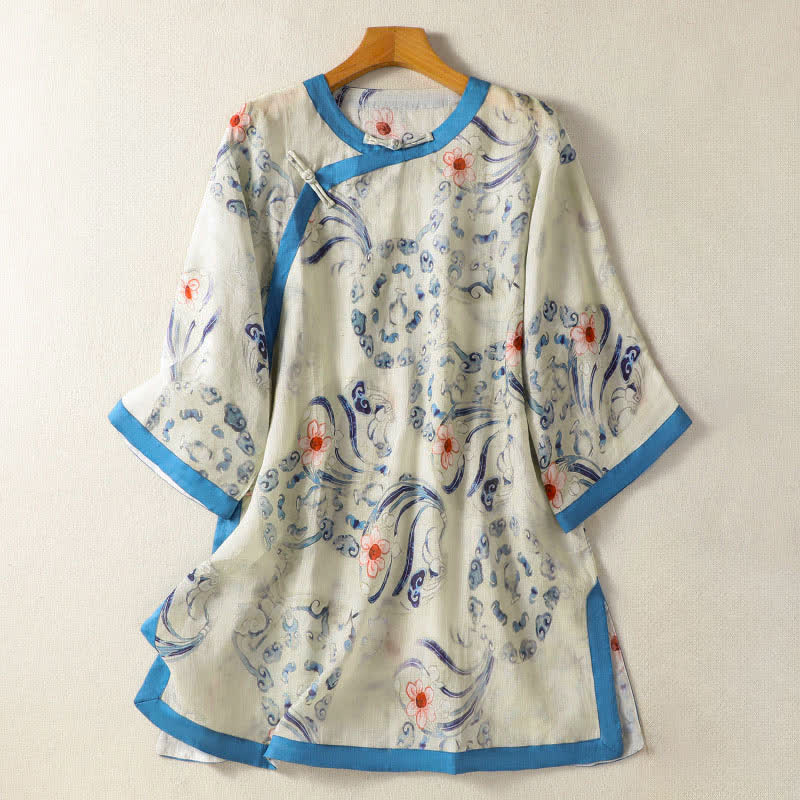 Buddha Stones Letnie koszule damskie z długim rękawem w stylu vintage z żabą i abstrakcyjnym guzikiem - FloralWhite - US12, UK/AU16, EU44 (2XL) - image 0