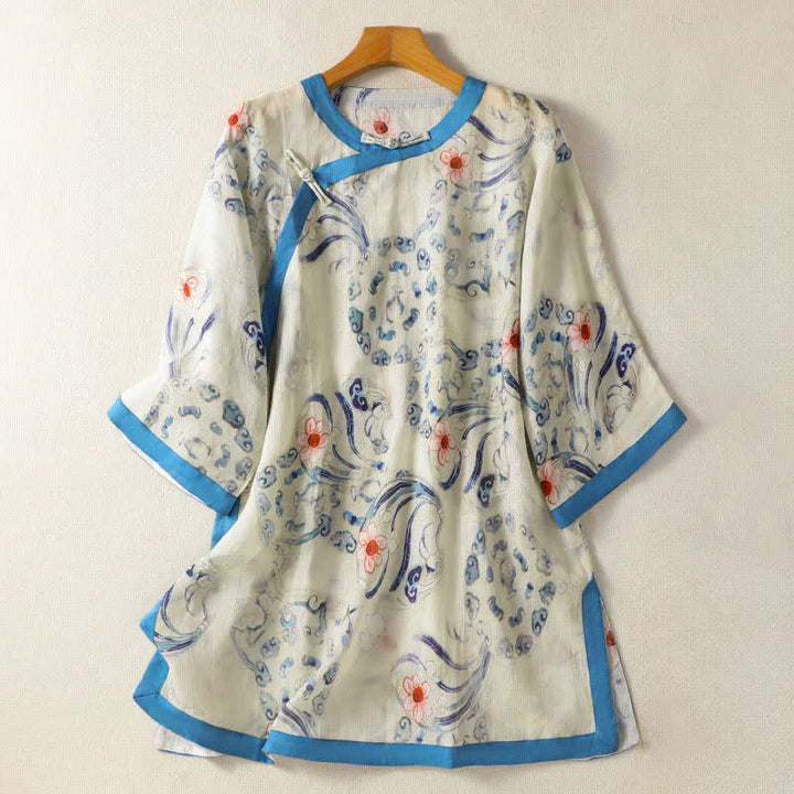 Buddha Stones Letnie koszule damskie z długim rękawem w stylu vintage z żabą i abstrakcyjnym guzikiem - FloralWhite - US12, UK/AU16, EU44 (2XL) - image 0