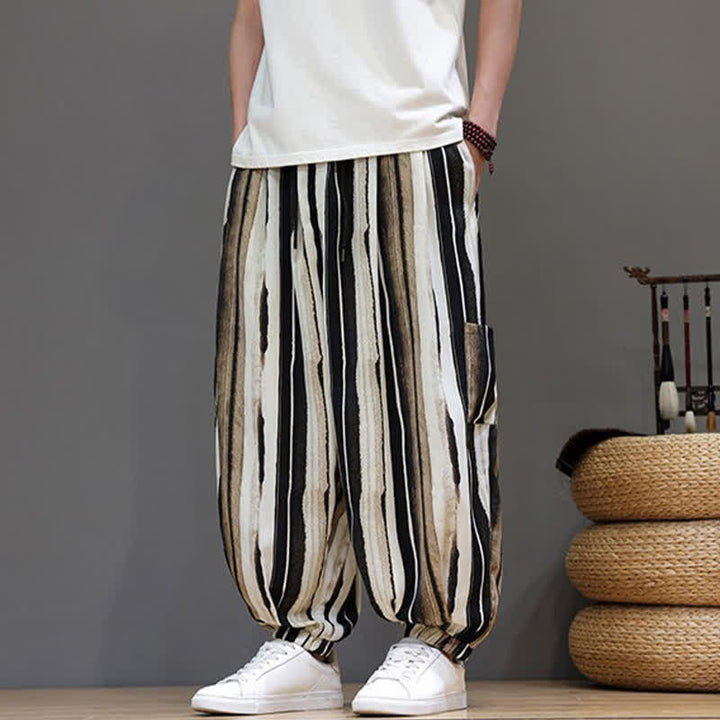 Buddha Stones Letnie, swobodne spodnie w stylu boho z kieszeniami i naszywkami w paski, męskie spodnie haremowe z kieszeniami - Dębnik - US/UK/AU46, EU56 (5XL) - image 11