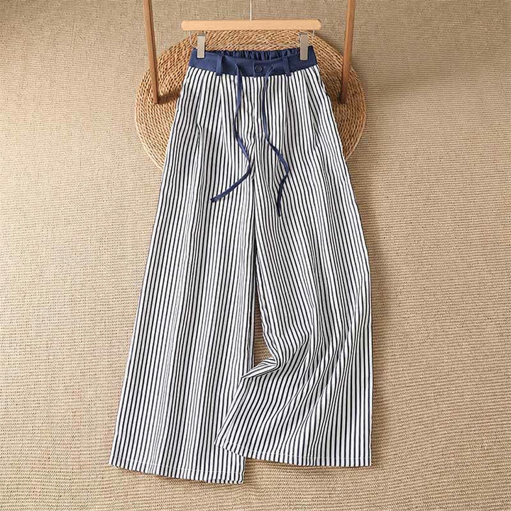 Buddha Stones Letnie, swobodne, szerokie spodnie damskie ze ściągaczem i kieszeniami w paski - Ciemnoniebieski - US8-10, UK/AU12-14, EU40-42 (2XL) - image 0