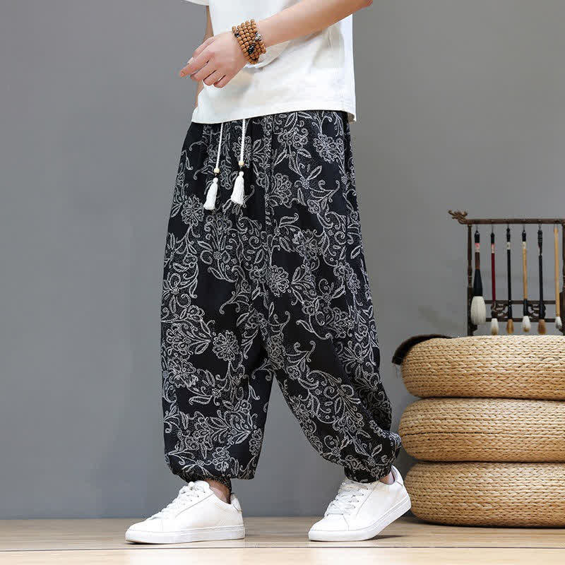 Buddha Stones Letnie, swobodne, vintage'owe spodnie haremowe męskie ze ściągaczem i kwiatowym wzorem i kieszenią - Czarny - US/UK/AU46, EU56 (5XL) - image 18