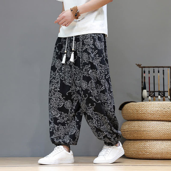 Buddha Stones Letnie, swobodne, vintage'owe spodnie haremowe męskie ze ściągaczem i kwiatowym wzorem i kieszenią - Czarny - US/UK/AU46, EU56 (5XL) - image 18