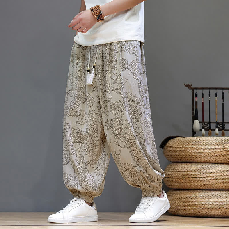 Buddha Stones Letnie, swobodne, vintage'owe spodnie haremowe męskie ze ściągaczem i kwiatowym wzorem i kieszenią - Biały - US/UK/AU46, EU56 (5XL) - image 0