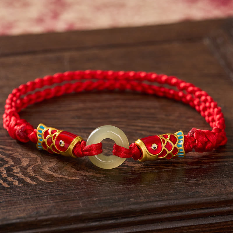 Buddha Stones Bransoletka z jadeitu Hetian Peace Buckle Double Koi Fish Red String Prosperity - Naturalny jadeit (kolor może się różnić) - image 0