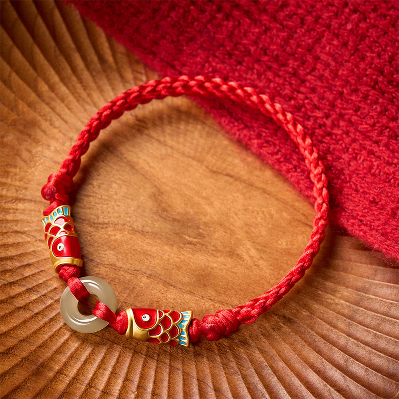 Buddha Stones Bransoletka z jadeitu Hetian Peace Buckle Double Koi Fish Red String Prosperity - image 1
