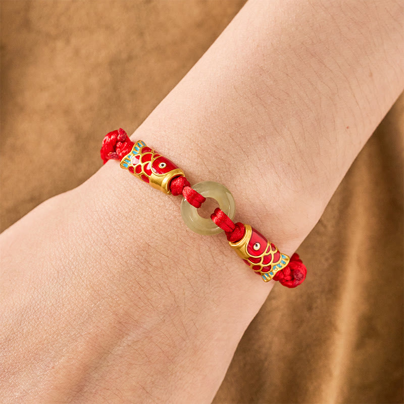 Buddha Stones Bransoletka z jadeitu Hetian Peace Buckle Double Koi Fish Red String Prosperity - image 4
