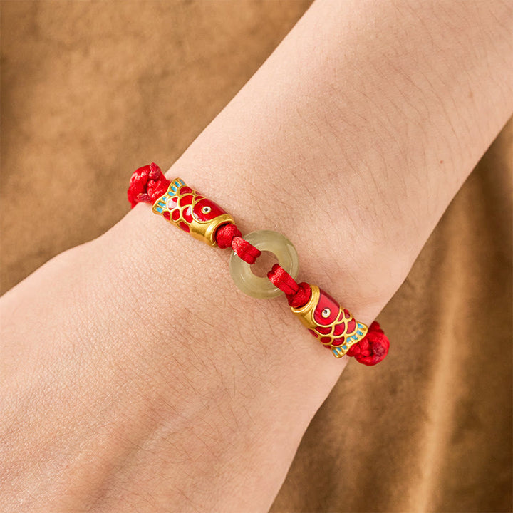 Buddha Stones Bransoletka z jadeitu Hetian Peace Buckle Double Koi Fish Red String Prosperity - image 4