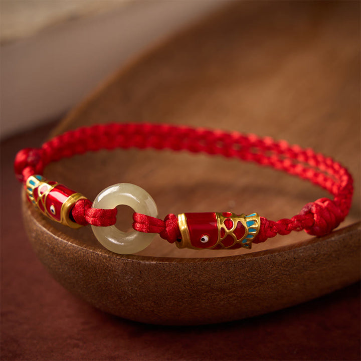 Buddha Stones Bransoletka z jadeitu Hetian Peace Buckle Double Koi Fish Red String Prosperity - image 2