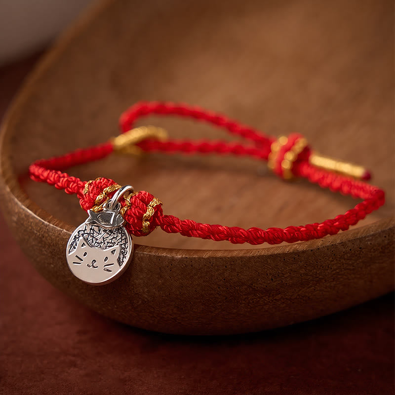 Buddha Stones Srebrna bransoletka pleciona z czerwonym i czarnym sznurkiem, 925, kotek jedzący rybę - image 1