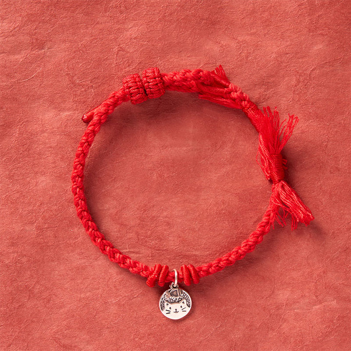 Buddha Stones Bransoletka z regulowanym sznurkiem z czerwonego srebra próby 925 z uroczym kotem i ochroną przed rybami - image 12