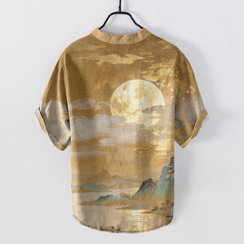 Buddha Stones Koszula męska z krótkim rękawem i półguzikiem Cotton Moon Cloud Mountain Pattern - image 1