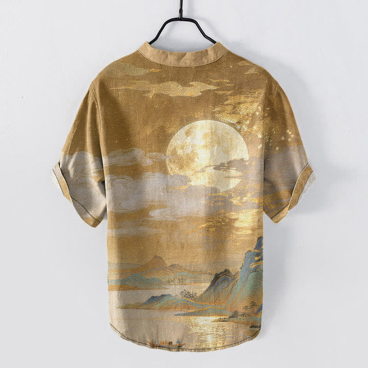 Buddha Stones Koszula męska z krótkim rękawem i półguzikiem Cotton Moon Cloud Mountain Pattern - image 1