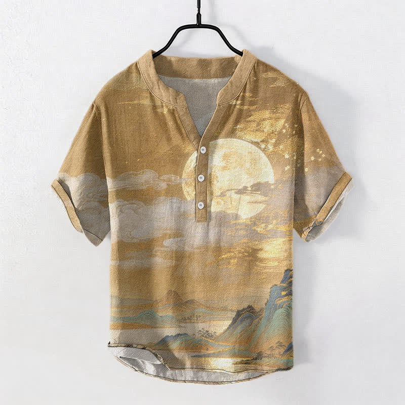 Buddha Stones Koszula męska z krótkim rękawem i półguzikiem Cotton Moon Cloud Mountain Pattern - Nawłoć - US/UK/AU50, EU60 (5XL) - image 0