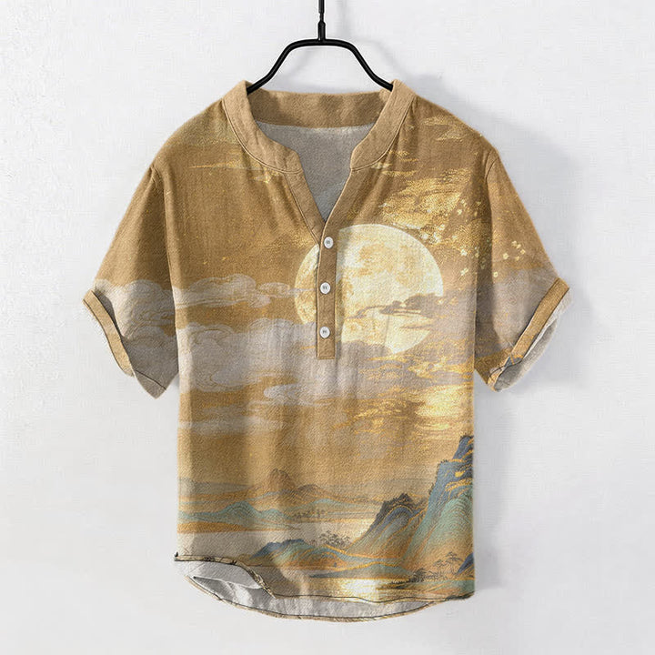 Buddha Stones Koszula męska z krótkim rękawem i półguzikiem Cotton Moon Cloud Mountain Pattern - Nawłoć - US/UK/AU50, EU60 (5XL) - image 0
