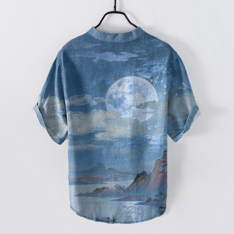 Buddha Stones Koszula męska z krótkim rękawem i półguzikiem Cotton Moon Cloud Mountain Pattern - image 6