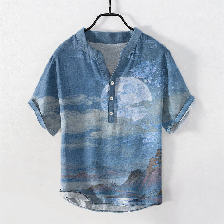 Buddha Stones Koszula męska z krótkim rękawem i półguzikiem Cotton Moon Cloud Mountain Pattern - Stalowoniebieski - US/UK/AU50, EU60 (5XL) - image 5