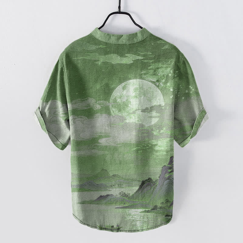 Buddha Stones Koszula męska z krótkim rękawem i półguzikiem Cotton Moon Cloud Mountain Pattern - image 11