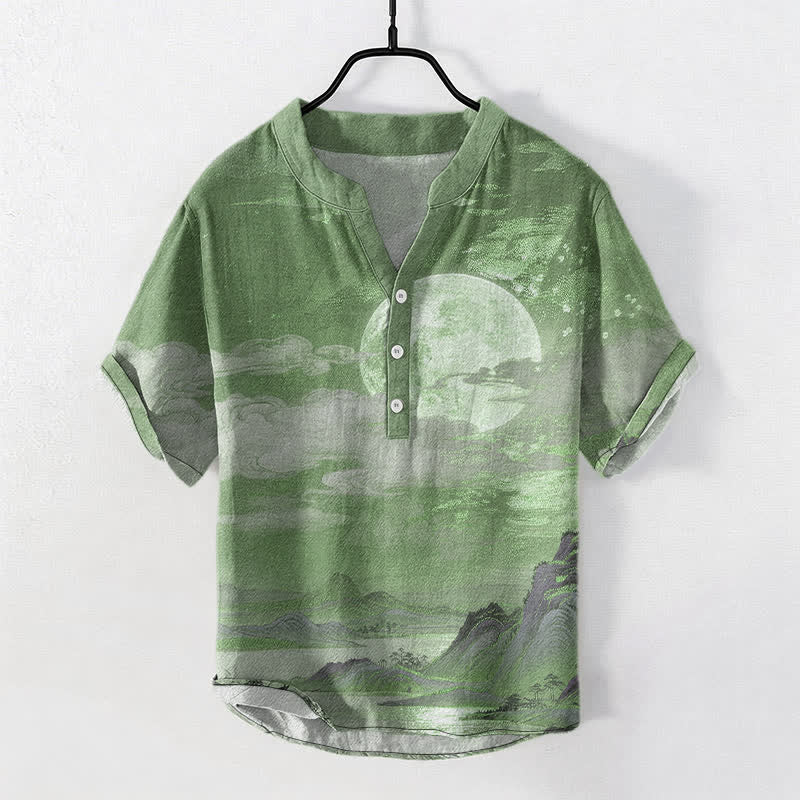 Buddha Stones Koszula męska z krótkim rękawem i półguzikiem Cotton Moon Cloud Mountain Pattern - SeaGreen - US/UK/AU50, EU60 (5XL) - image 10