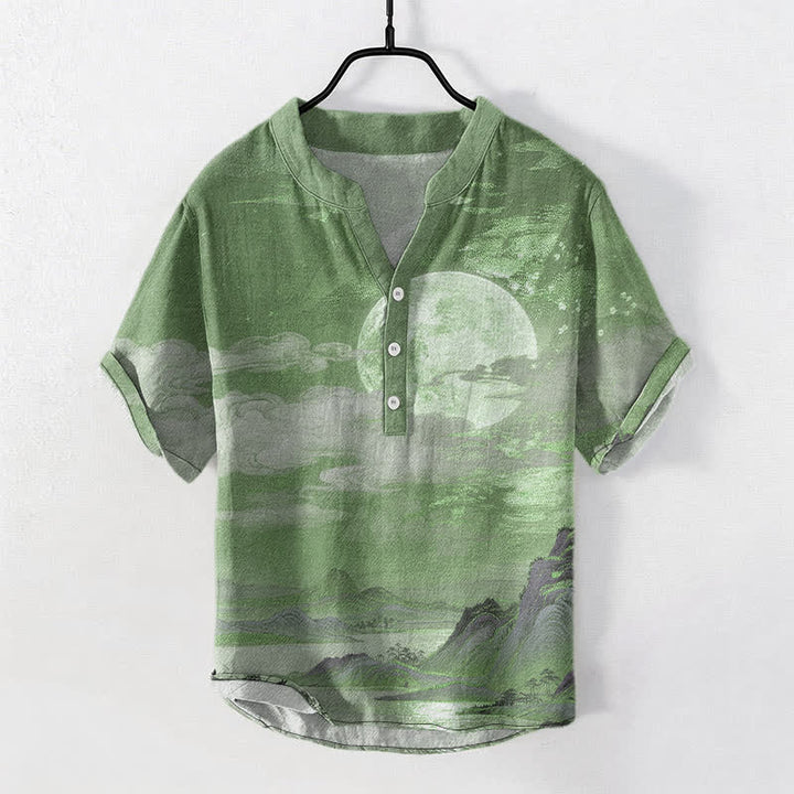 Buddha Stones Koszula męska z krótkim rękawem i półguzikiem Cotton Moon Cloud Mountain Pattern - SeaGreen - US/UK/AU50, EU60 (5XL) - image 10