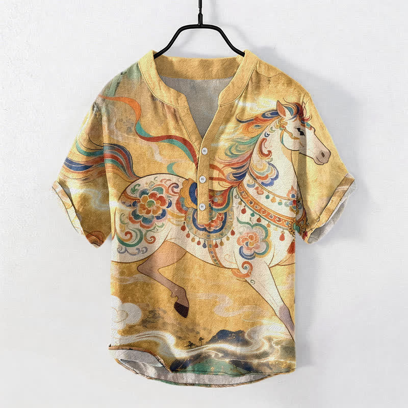 Buddha Stones Koszula męska z krótkim rękawem i ozdobnym wzorem w biegnące konie, bawełniana, zapinana na pół guzika - Złoto - US/UK/AU50, EU60 (5XL) - image 5