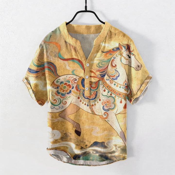 Buddha Stones Koszula męska z krótkim rękawem i ozdobnym wzorem w biegnące konie, bawełniana, zapinana na pół guzika - Złoto - US/UK/AU50, EU60 (5XL) - image 5