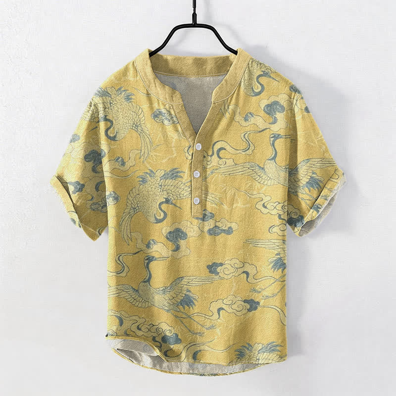 Buddha Stones Koszula męska z krótkim rękawem i półguzikiem z bawełny w kształcie chmurek i żurawia - Khaki - US/UK/AU50, EU60 (5XL) - image 3