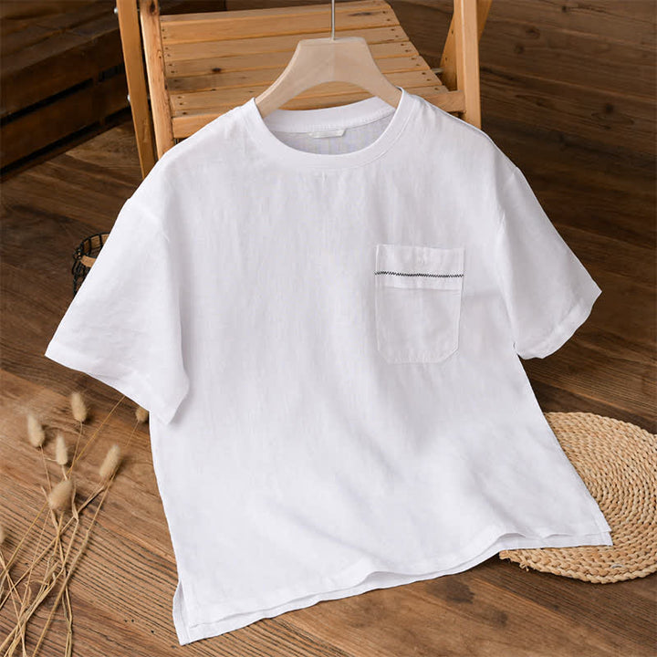 Buddha Stones Letnie, swobodne, minimalistyczne, solidne męskie koszulki z krótkim rękawem i kieszenią naszywaną - Biały - US/UK/AU42， EU52 (3XL) - image 9