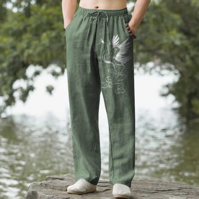 Buddha Stones Spodnie męskie zwężane z bawełny w kolorze białym z wzorem fali żurawia i kieszeniami - ForestGreen - US/UK/AU50, EU60 (5XL) - image 4